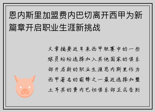 恩内斯里加盟费内巴切离开西甲为新篇章开启职业生涯新挑战