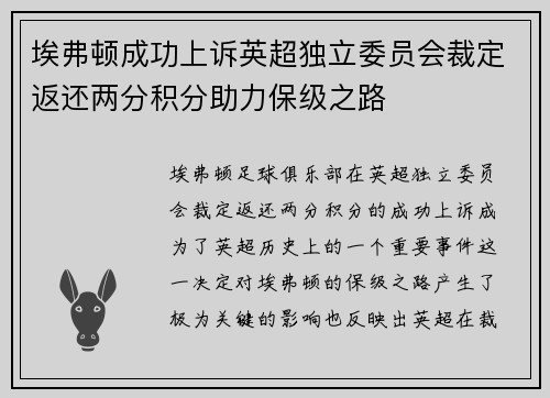 埃弗顿成功上诉英超独立委员会裁定返还两分积分助力保级之路